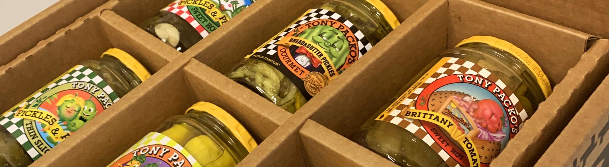 Tony Packo's Gift Pack open box with a variety of Packos Pickle's
