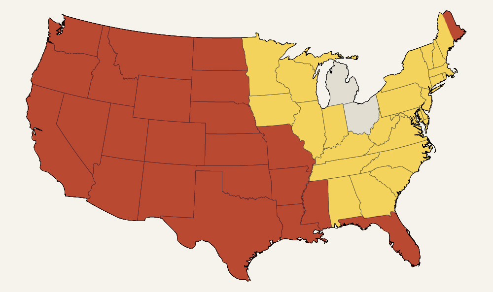 Packo's Shipping Map - MN, IA, WI, MI, IN, IL, OH, NY, RI, NJ, VT, DE, NH, DC, MD, MA, WV, VI, TN, KY, NC, SC, GA, AL, AK - grey area